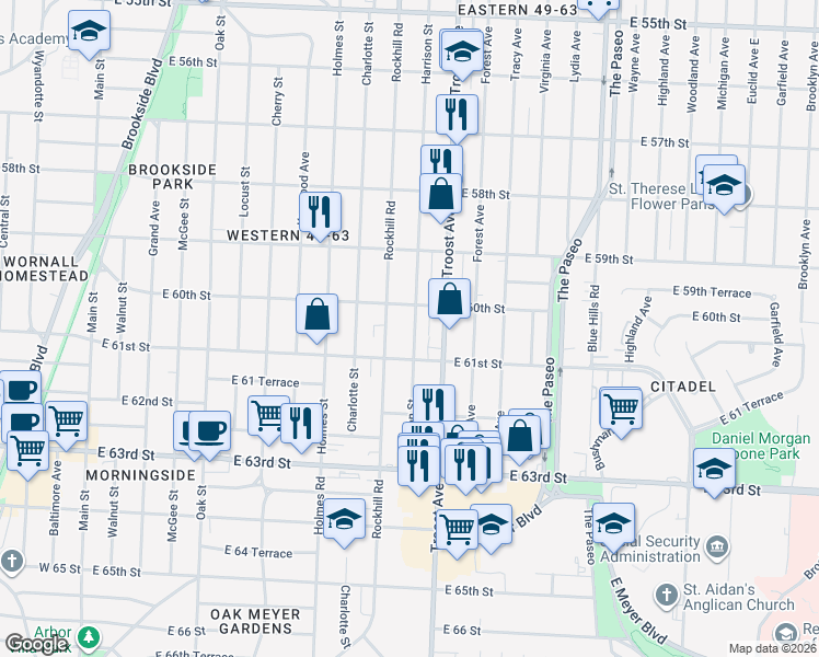 map of restaurants, bars, coffee shops, grocery stores, and more near 6011 Harrison Street in Kansas City