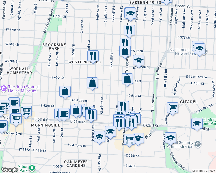 map of restaurants, bars, coffee shops, grocery stores, and more near 6009 Rockhill Road in Kansas City