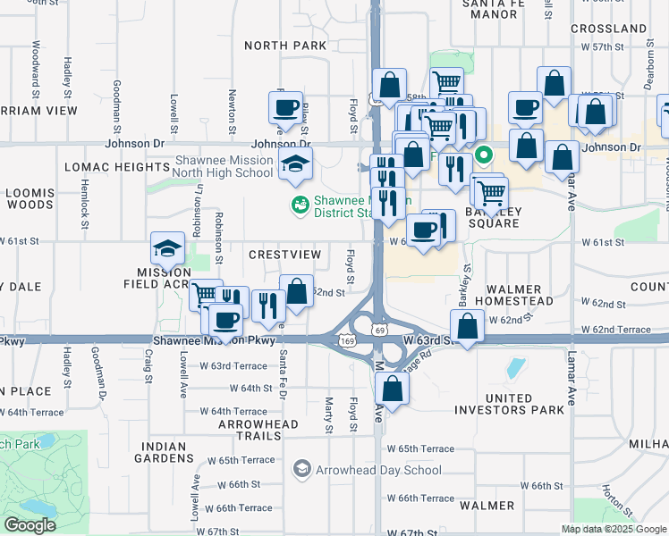 map of restaurants, bars, coffee shops, grocery stores, and more near 6115 Marty Street in Overland Park