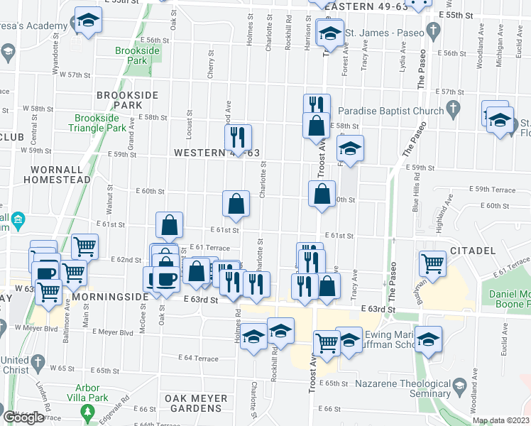 map of restaurants, bars, coffee shops, grocery stores, and more near 6021 Charlotte Street in Kansas City