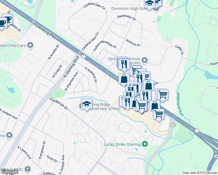 map of restaurants, bars, coffee shops, grocery stores, and more near 615 East Charlotte Street in Sterling