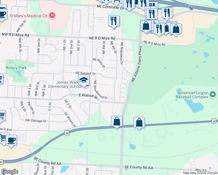 map of restaurants, bars, coffee shops, grocery stores, and more near 533 Wood Court in Blue Springs