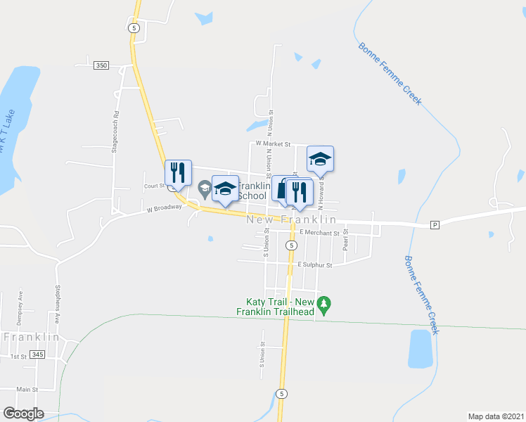 map of restaurants, bars, coffee shops, grocery stores, and more near 202 West Broadway in New Franklin