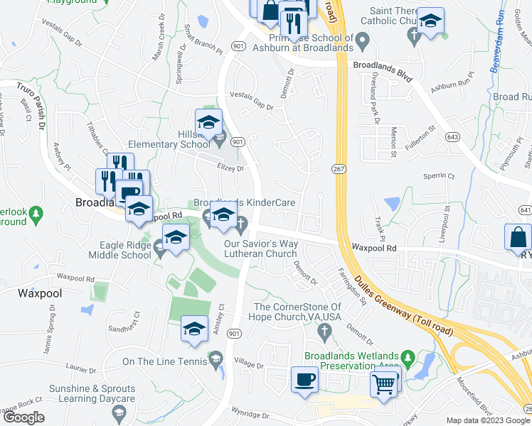 map of restaurants, bars, coffee shops, grocery stores, and more near 43118 Arundell Court in Broadlands