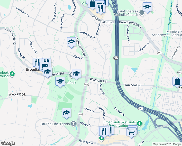 map of restaurants, bars, coffee shops, grocery stores, and more near 43118 Arundell Court in Broadlands