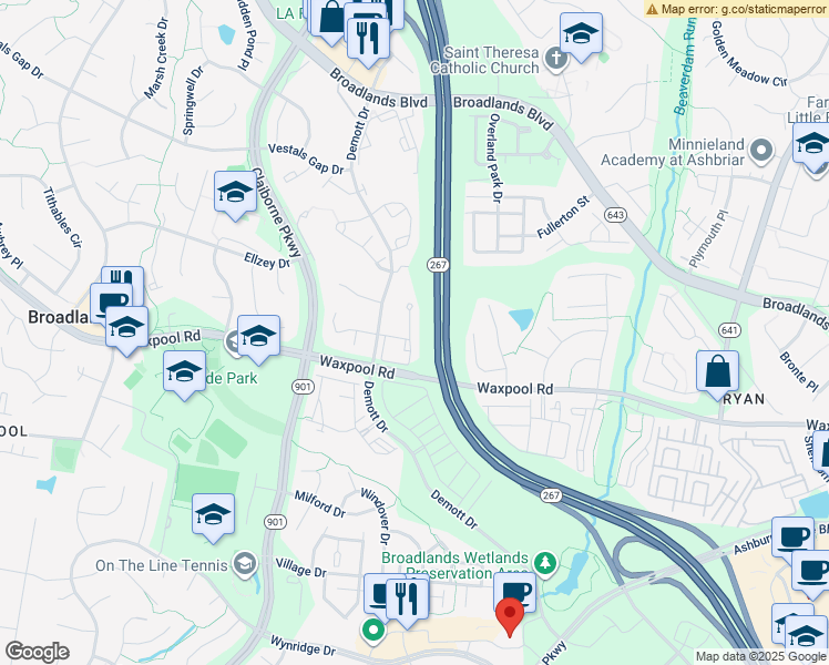 map of restaurants, bars, coffee shops, grocery stores, and more near 21658 Frame Square in Broadlands