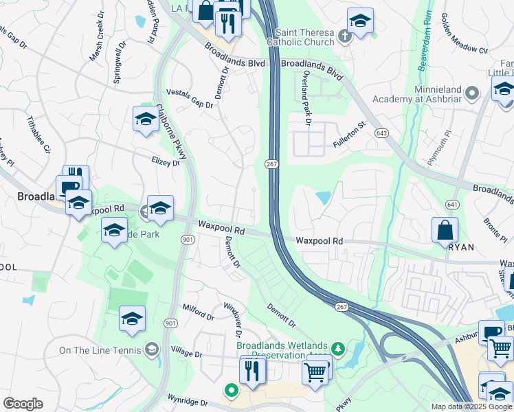 map of restaurants, bars, coffee shops, grocery stores, and more near 21658 Frame Square in Broadlands