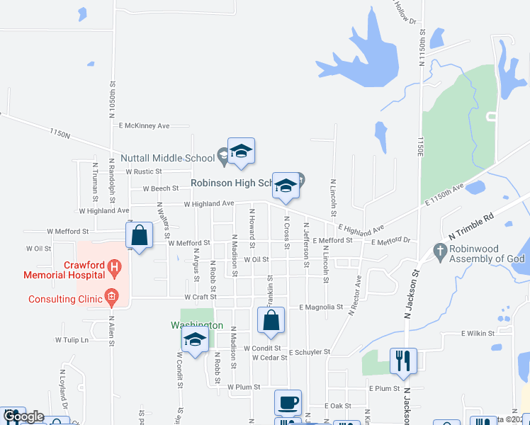 map of restaurants, bars, coffee shops, grocery stores, and more near 201-299 West Highland Avenue in Robinson