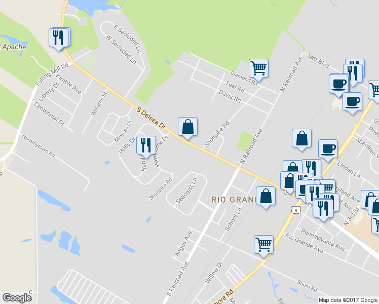 map of restaurants, bars, coffee shops, grocery stores, and more near 205 Hawthorne Drive in Middle Township