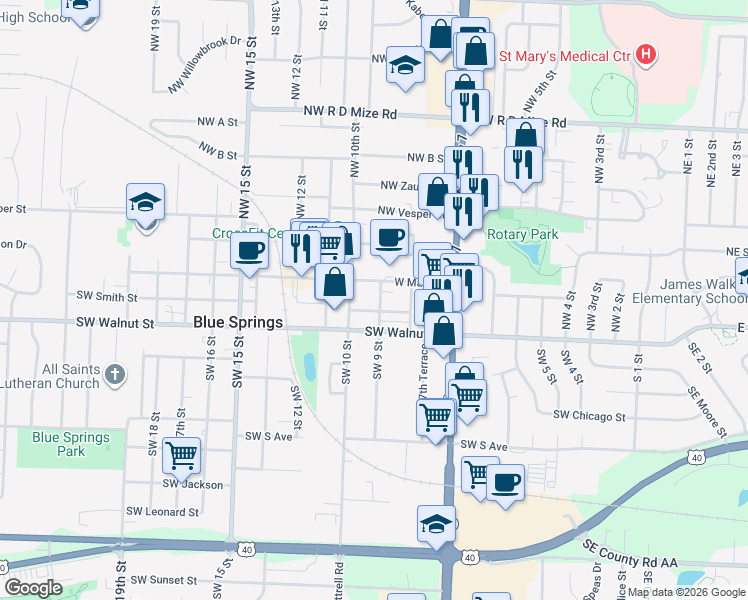 map of restaurants, bars, coffee shops, grocery stores, and more near in Blue Springs