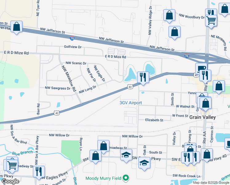 map of restaurants, bars, coffee shops, grocery stores, and more near U.S. 40 in Grain Valley