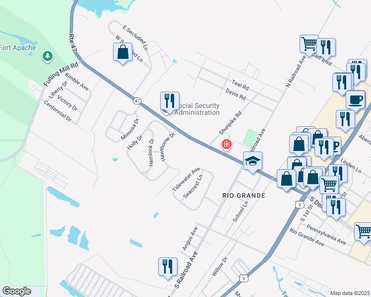 map of restaurants, bars, coffee shops, grocery stores, and more near 205 Hawthorne Drive in Rio Grande