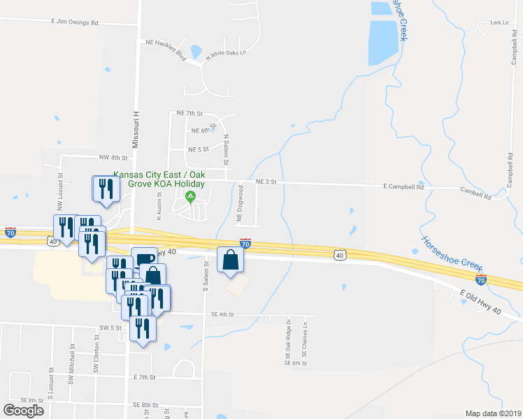 map of restaurants, bars, coffee shops, grocery stores, and more near 201A Northeast Sunshine Street in Oak Grove