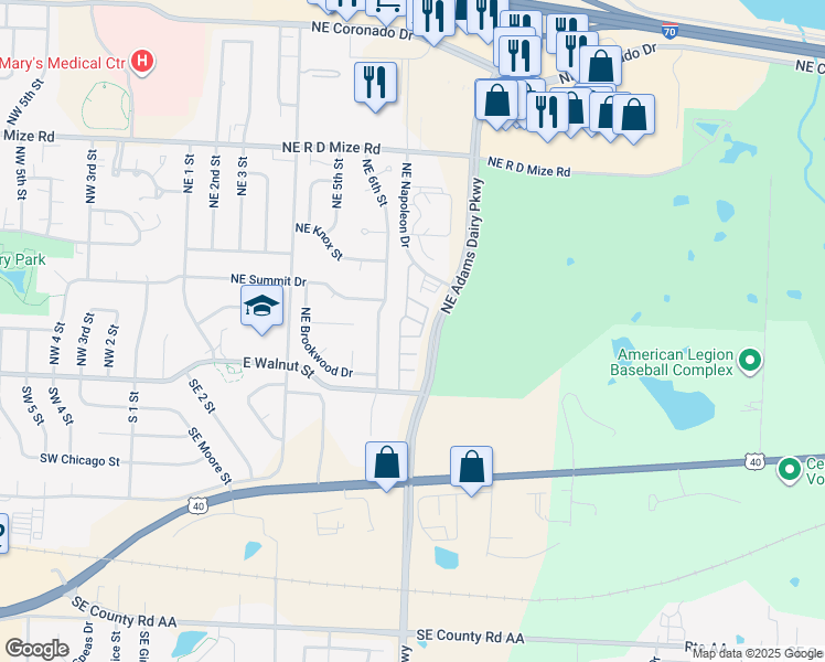 map of restaurants, bars, coffee shops, grocery stores, and more near 311 Northeast Adams Dairy Parkway in Blue Springs