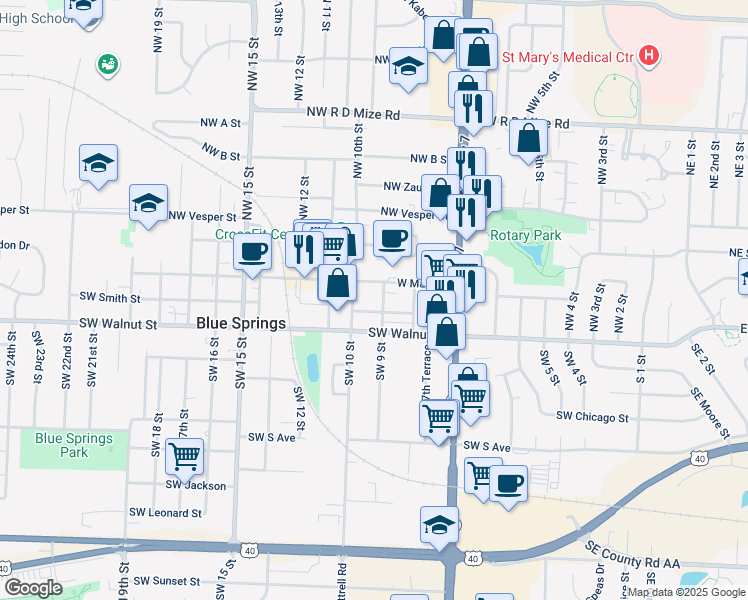 map of restaurants, bars, coffee shops, grocery stores, and more near in Blue Springs