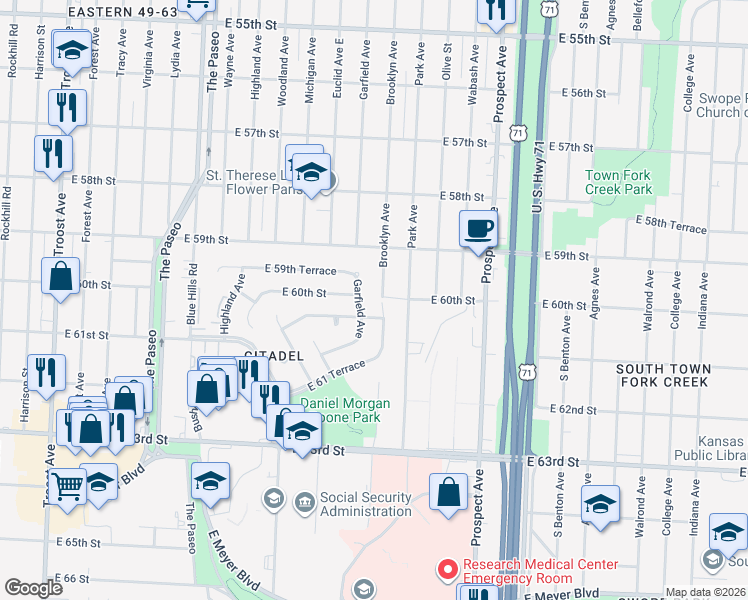 map of restaurants, bars, coffee shops, grocery stores, and more near 5937 Brooklyn Avenue in Kansas City