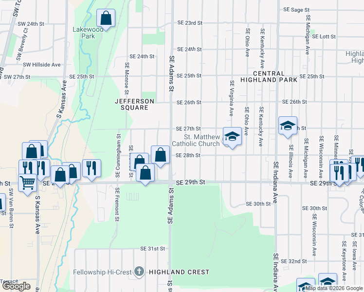 map of restaurants, bars, coffee shops, grocery stores, and more near 2720 Southeast Massachusetts Avenue in Topeka