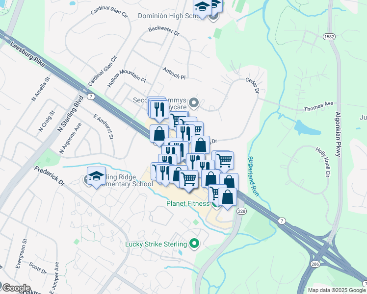 map of restaurants, bars, coffee shops, grocery stores, and more near 46930 Cedar Lake Plaza in Sterling