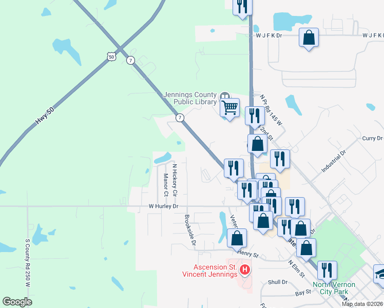 map of restaurants, bars, coffee shops, grocery stores, and more near 2056 Crestwood Drive in North Vernon