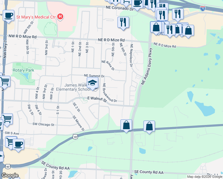 map of restaurants, bars, coffee shops, grocery stores, and more near 509 Wood Court in Blue Springs