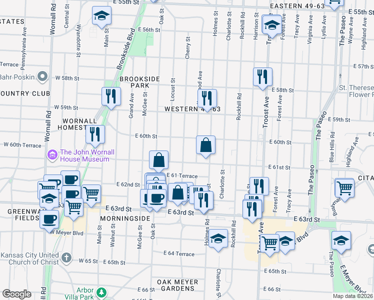 map of restaurants, bars, coffee shops, grocery stores, and more near 6015 Cherry Street in Kansas City