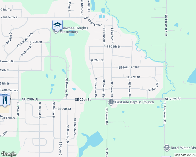 map of restaurants, bars, coffee shops, grocery stores, and more near 4300-4340 Southeast 27th Street in Topeka