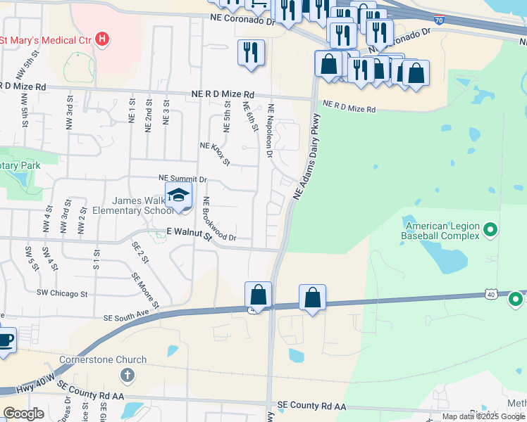 map of restaurants, bars, coffee shops, grocery stores, and more near 289 Northeast Adams Dairy Parkway in Blue Springs