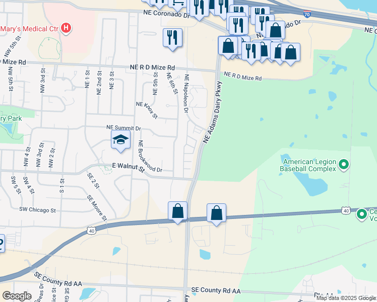 map of restaurants, bars, coffee shops, grocery stores, and more near 285 Northeast Adams Dairy Parkway in Blue Springs