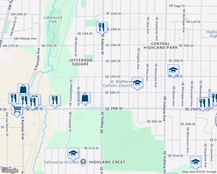 map of restaurants, bars, coffee shops, grocery stores, and more near 2720 Southeast Massachusetts Avenue in Topeka