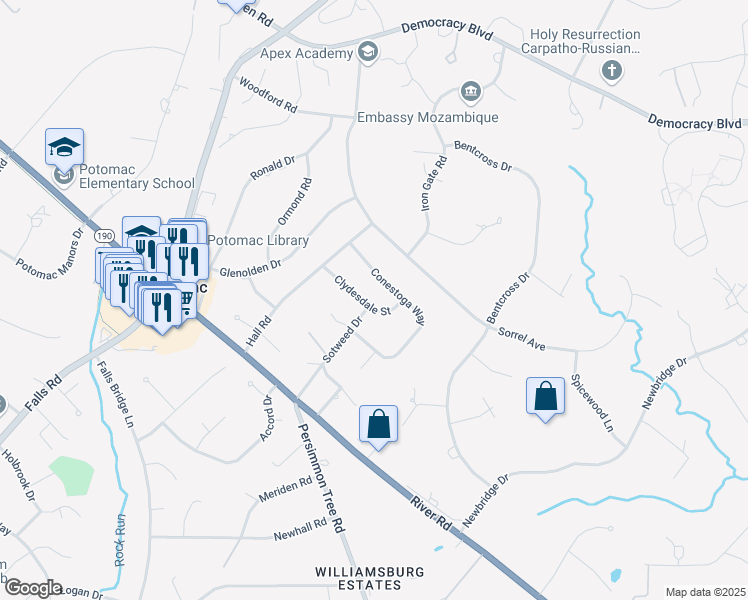 map of restaurants, bars, coffee shops, grocery stores, and more near 9801 Clydesdale Street in Rockville