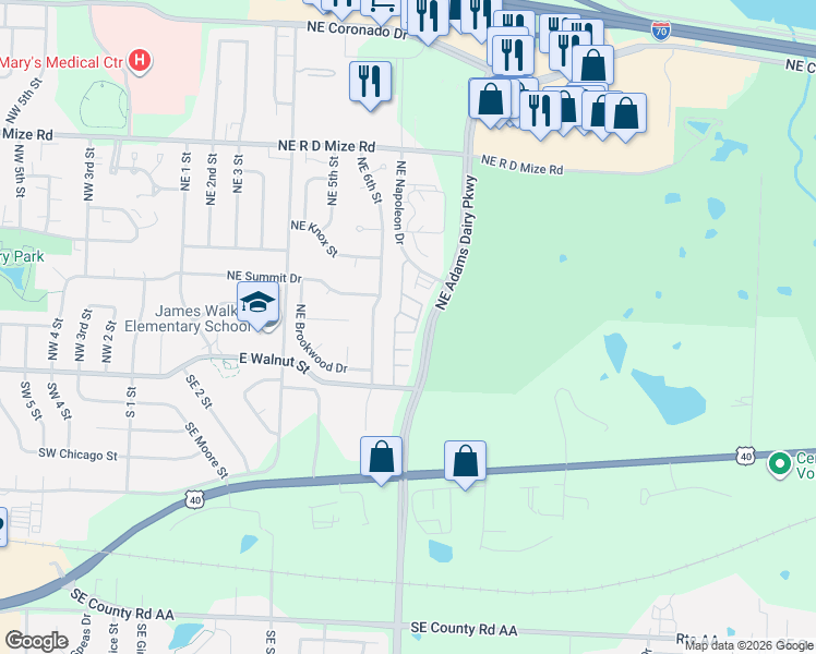 map of restaurants, bars, coffee shops, grocery stores, and more near 315 Northeast Adams Dairy Parkway in Blue Springs
