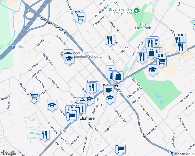 map of restaurants, bars, coffee shops, grocery stores, and more near 120 Graves Street in Erlanger