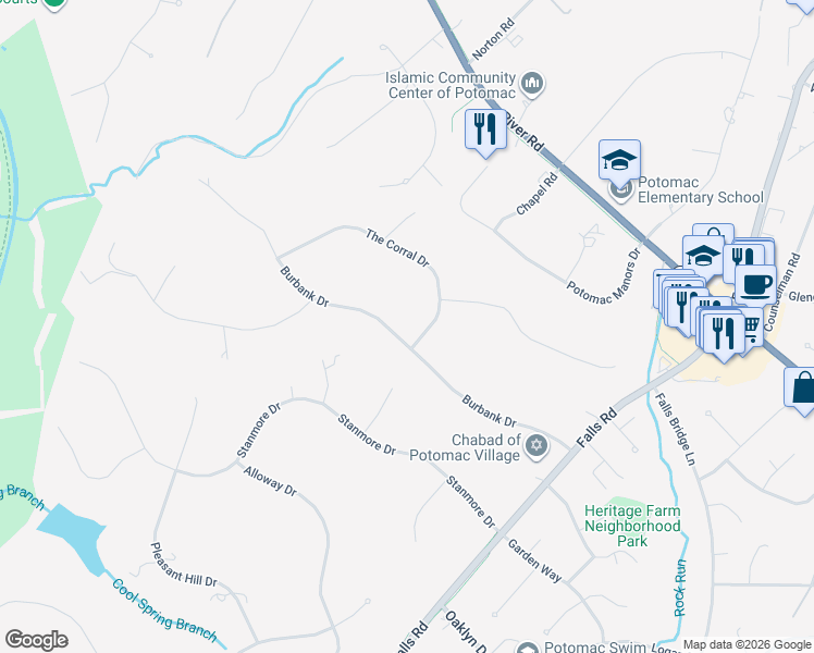 map of restaurants, bars, coffee shops, grocery stores, and more near 10801 Burbank Drive in Rockville