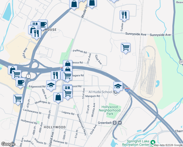 map of restaurants, bars, coffee shops, grocery stores, and more near 5122 Niagara Place in College Park