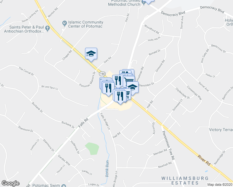 map of restaurants, bars, coffee shops, grocery stores, and more near 10200 River Road in Rockville