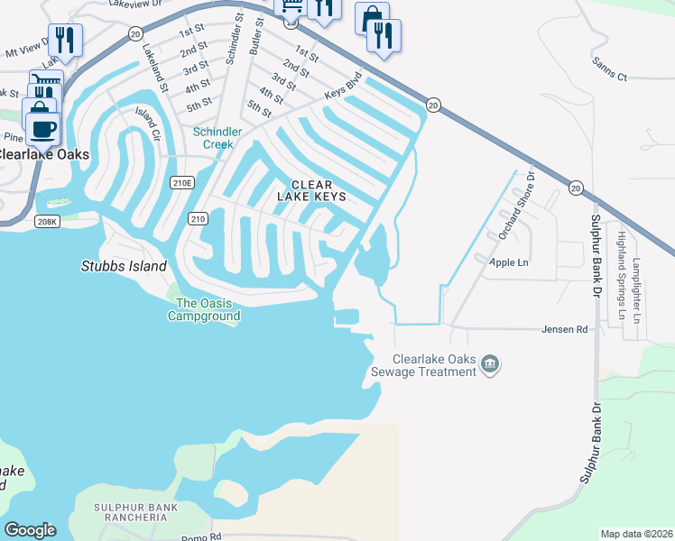 map of restaurants, bars, coffee shops, grocery stores, and more near 704 Ketch Court in Clearlake Oaks
