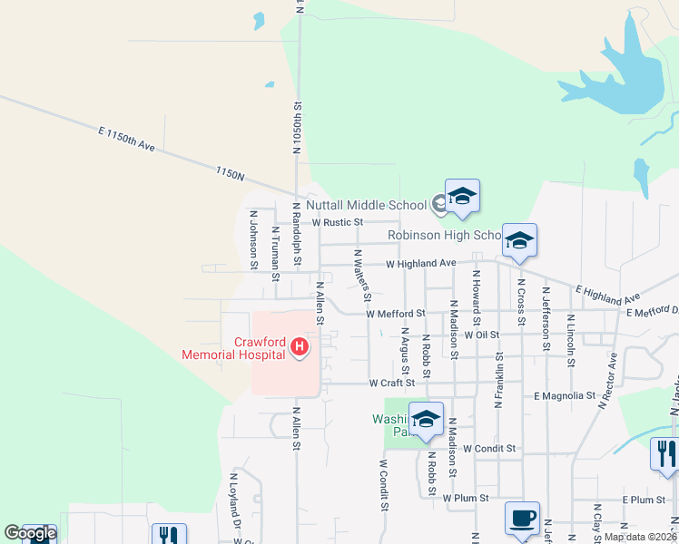 map of restaurants, bars, coffee shops, grocery stores, and more near 805 West Highland Avenue in Robinson