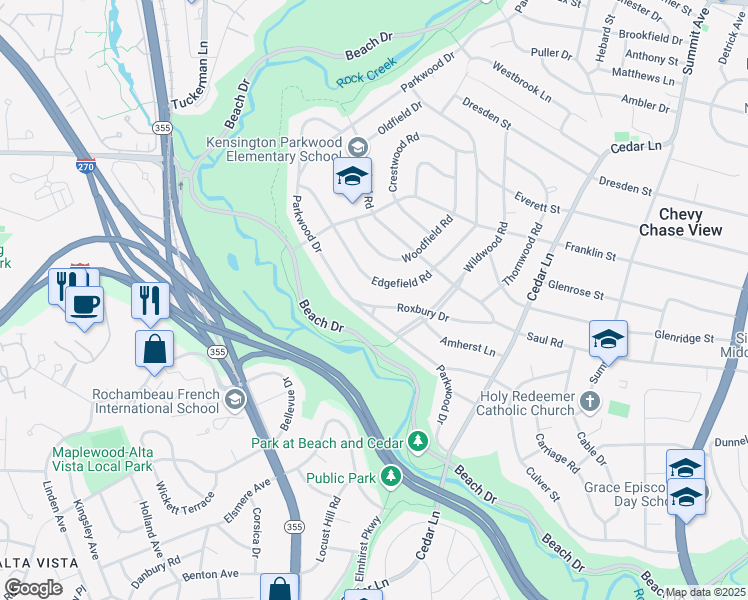 map of restaurants, bars, coffee shops, grocery stores, and more near 4619 Roxbury Drive in Bethesda