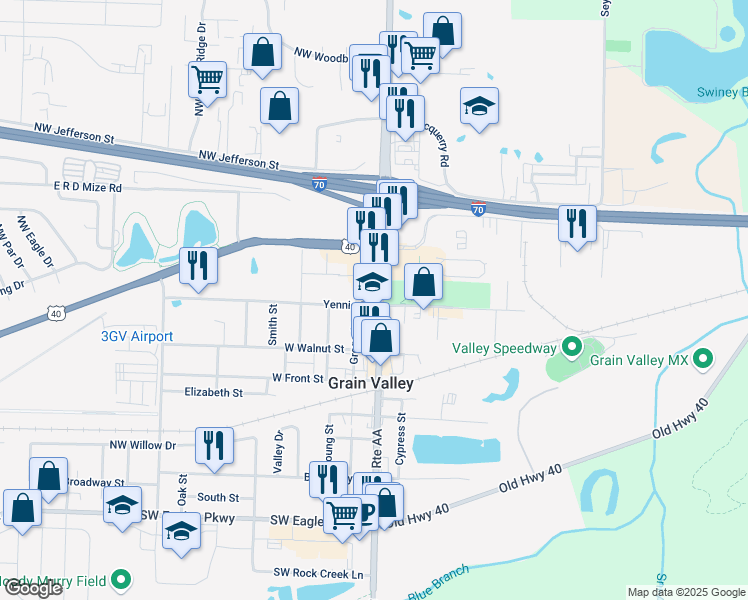 map of restaurants, bars, coffee shops, grocery stores, and more near 700 Route AA in Grain Valley