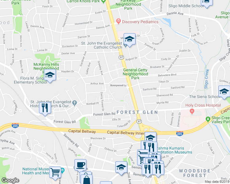 map of restaurants, bars, coffee shops, grocery stores, and more near 9901 Blundon Drive in Silver Spring