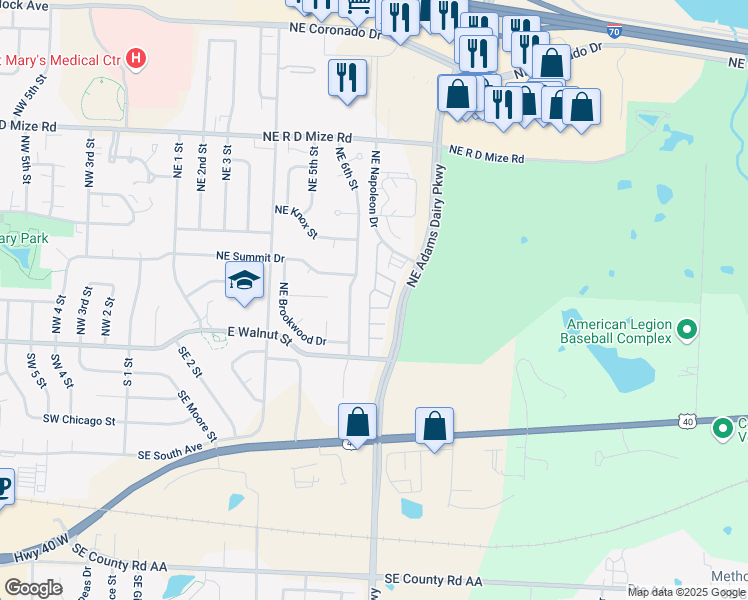 map of restaurants, bars, coffee shops, grocery stores, and more near 311 Northeast Adams Dairy Parkway in Blue Springs