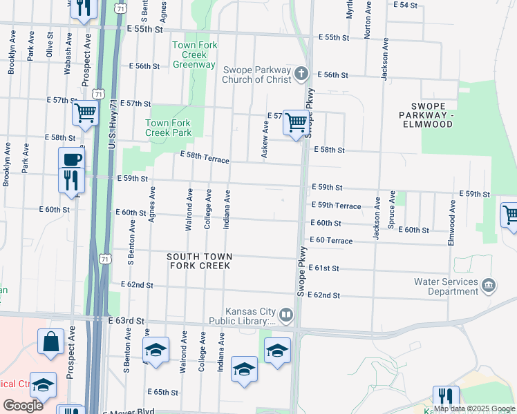 map of restaurants, bars, coffee shops, grocery stores, and more near 3427 East 59th Street in Kansas City