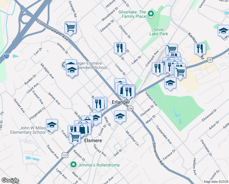 map of restaurants, bars, coffee shops, grocery stores, and more near 3498 Home Street in Erlanger