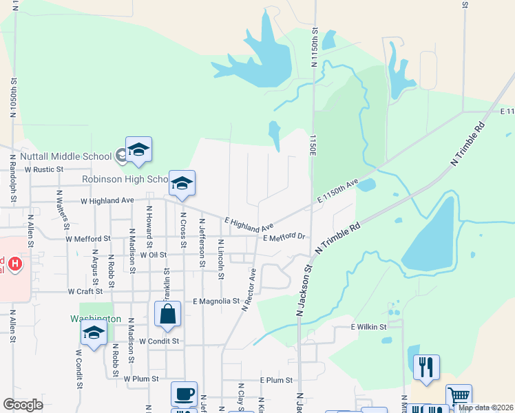 map of restaurants, bars, coffee shops, grocery stores, and more near 1400 North Meadowbrook Drive in Robinson