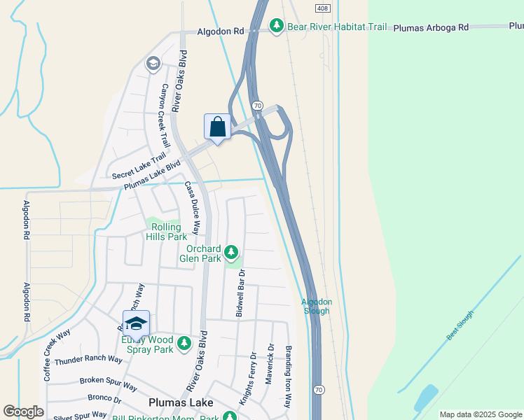 map of restaurants, bars, coffee shops, grocery stores, and more near 1393 Honey Run Court in Plumas Lake