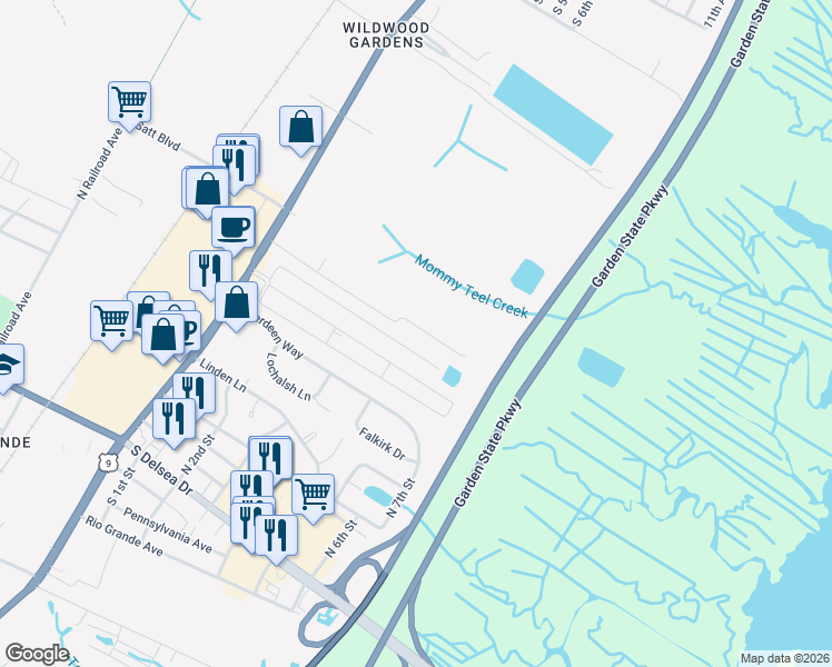 map of restaurants, bars, coffee shops, grocery stores, and more near 301 Grande Boulevard in Middle Township