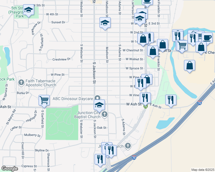 map of restaurants, bars, coffee shops, grocery stores, and more near 400 West Elm Street in Junction City