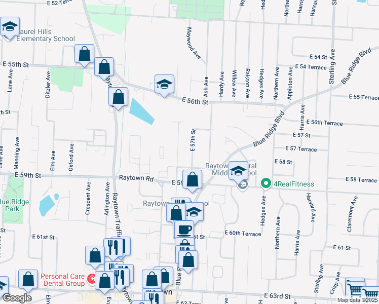 map of restaurants, bars, coffee shops, grocery stores, and more near 5728 Maywood Avenue in Raytown