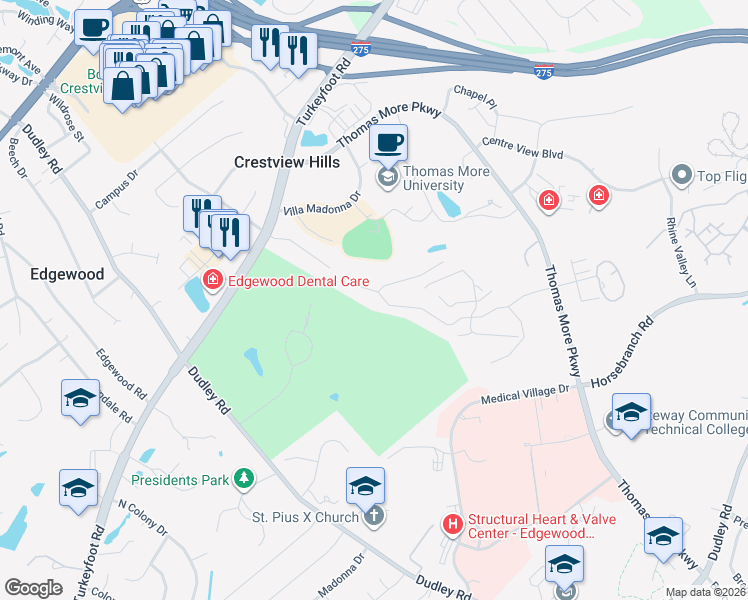 map of restaurants, bars, coffee shops, grocery stores, and more near 2479 Legends Way in Crestview Hills