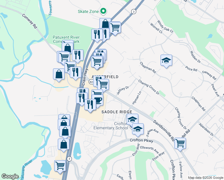 map of restaurants, bars, coffee shops, grocery stores, and more near 1710 Bargers Road in Gambrills